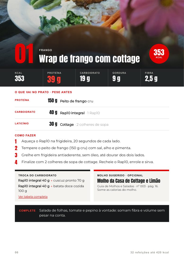 Receita com porção e modo de preparo, página 6 do e-book 32 refeições até 420 kcal