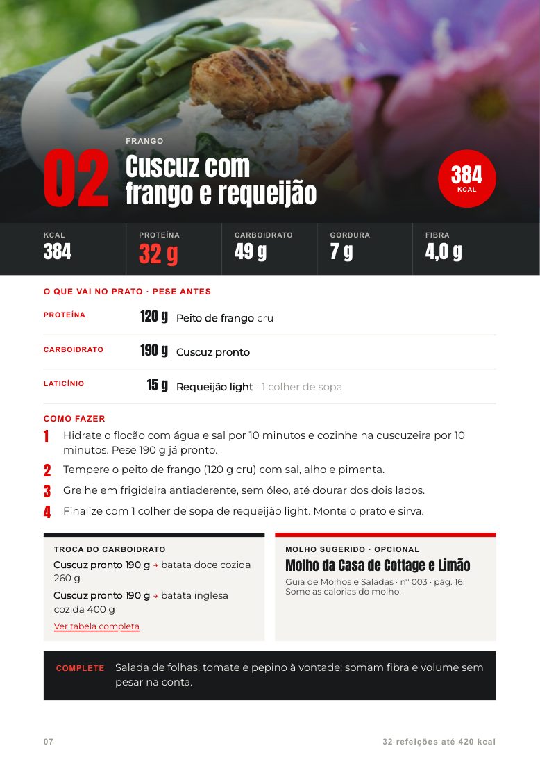 Mais uma opção do repertório, página 7 do e-book 32 refeições até 420 kcal