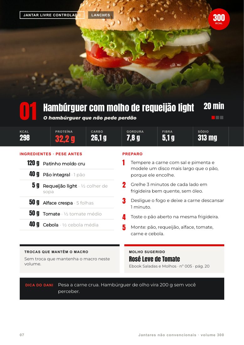 Receita de hambúrguer apresentada no guia, página 7 do e-book Jantares não convencionais · volume 300 kcal