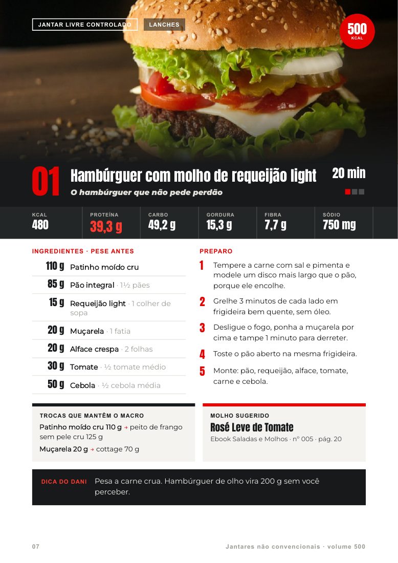 Receita de hambúrguer apresentada no guia, página 7 do e-book Jantares não convencionais · volume 500 kcal