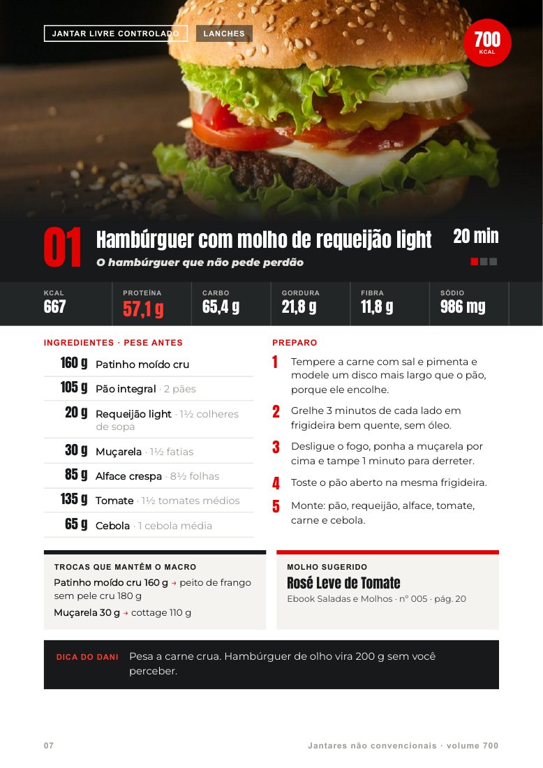 Receita de hambúrguer apresentada no guia, página 7 do e-book Jantares não convencionais · volume 700 kcal
